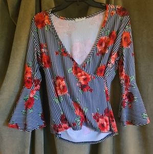 NWOT Rose and Black Pinstripe Bell Sleeve Top